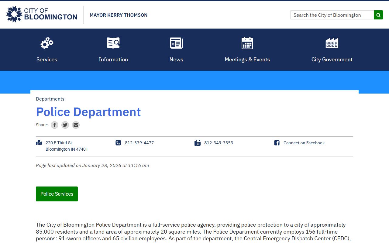 Bloomington Police Department homepage showing Records Division contact details for Bloomington 24 hour booking