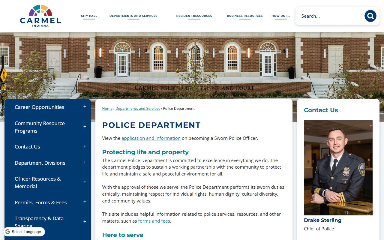 Carmel Police Department homepage showing records request process for Carmel 24 hour booking records
