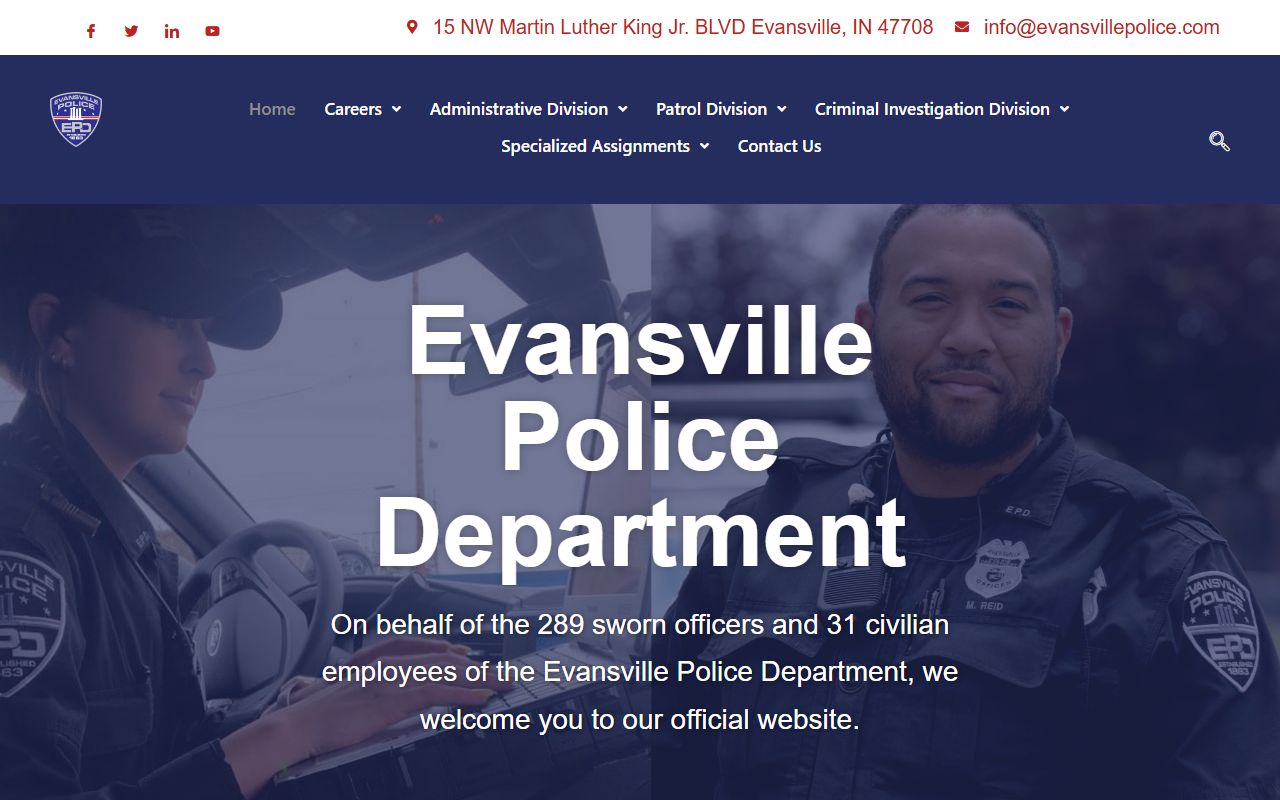 Evansville Police Department homepage showing records section and contact information for Evansville 24 hour booking