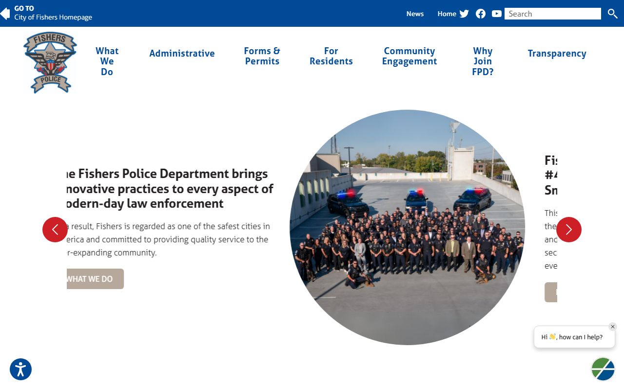 Fishers Police Department homepage showing contact details and services for Fishers 24 hour booking records