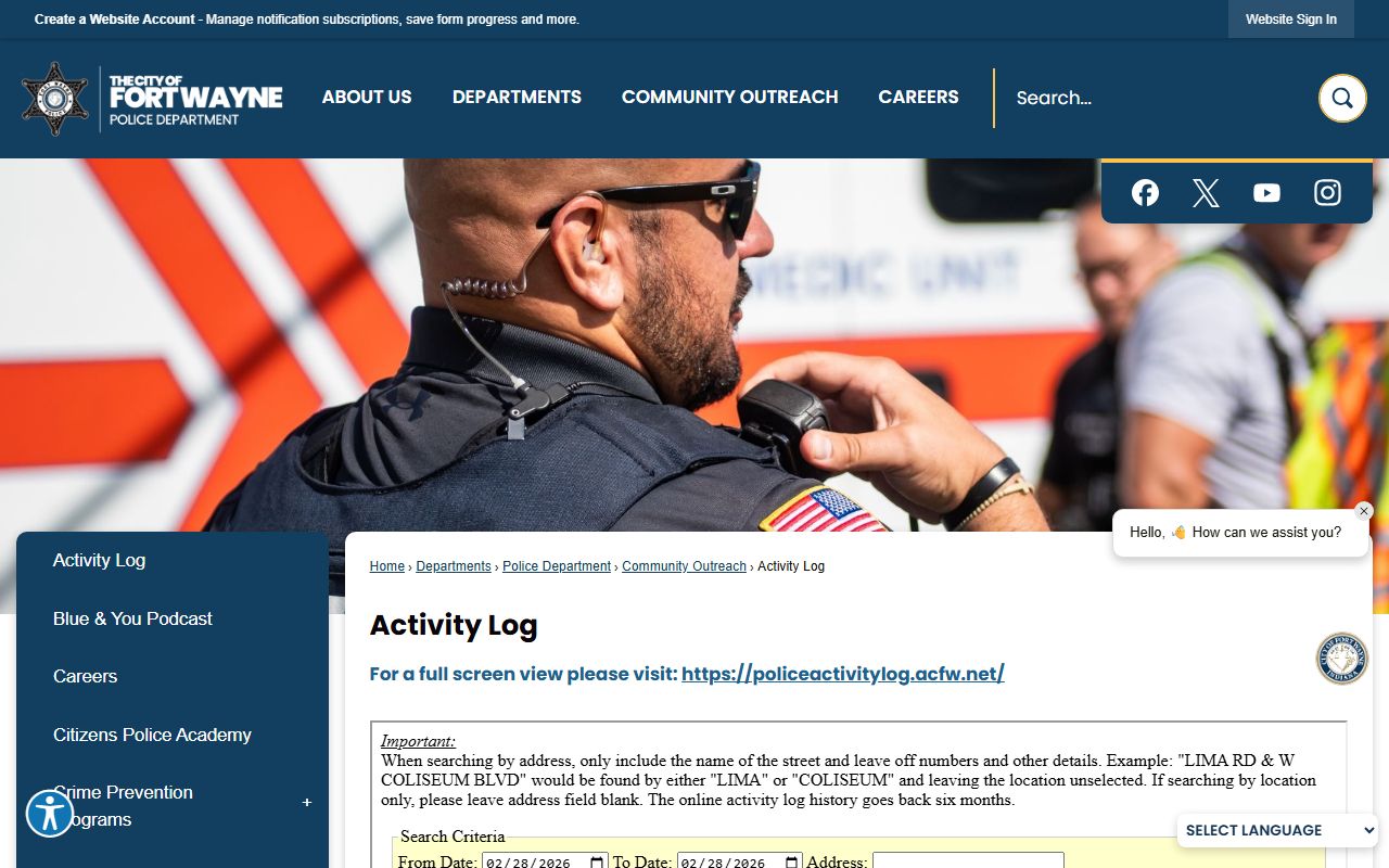 Fort Wayne Police Department activity log showing recent bookings for Fort Wayne 24 hour booking records