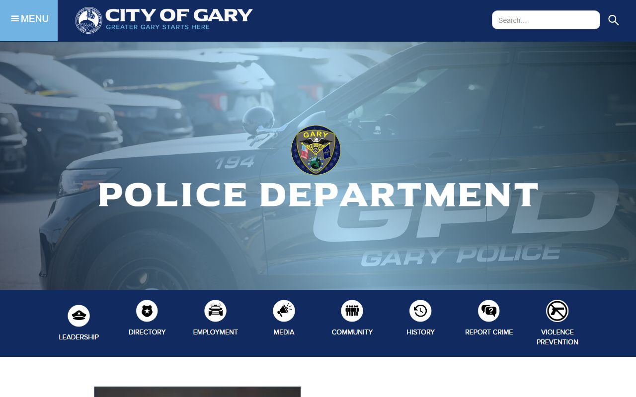 Gary Police Department homepage showing Records Division contact for Gary 24 hour booking records