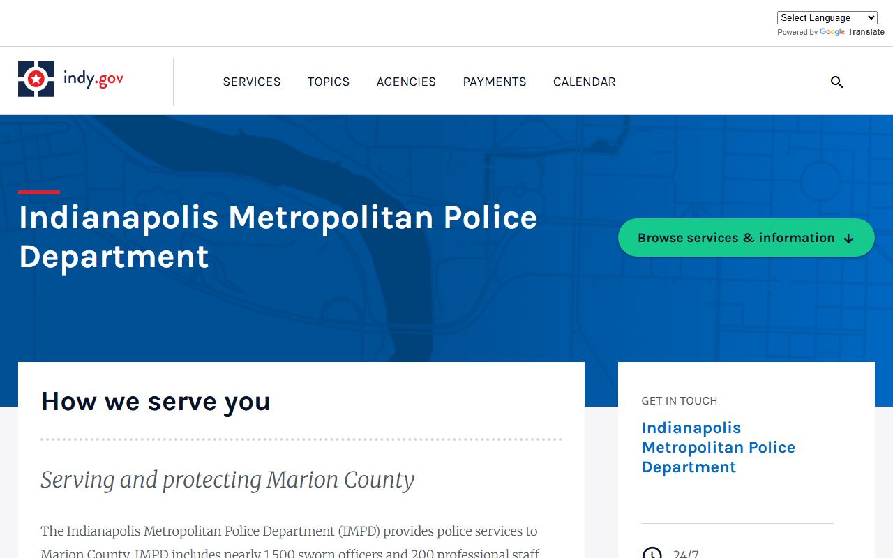 Indianapolis Metropolitan Police Department homepage showing resources for Indianapolis 24 hour booking records
