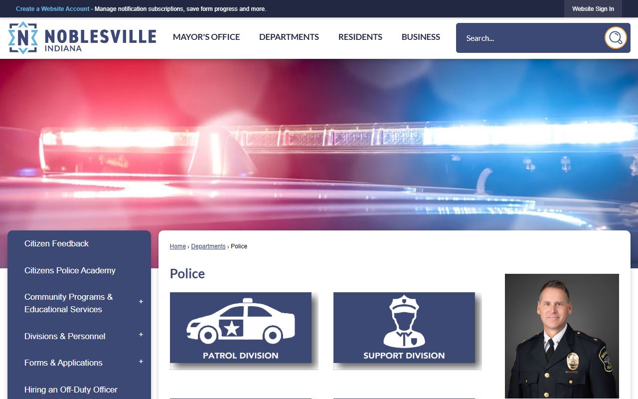 Noblesville Police Department homepage showing contact and records information for Noblesville 24 hour booking