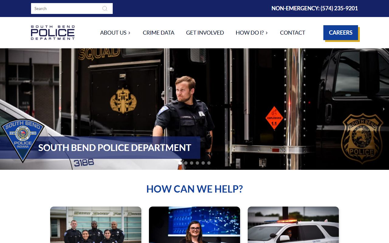 South Bend Police Department homepage showing Records Bureau contact information for South Bend 24 hour booking