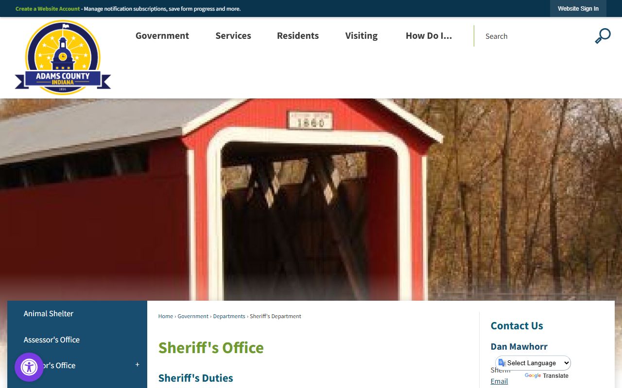 Adams County Sheriff Department homepage showing contact information and resources for Adams County 24 hour booking