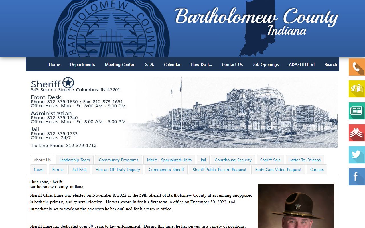 Bartholomew County Sheriff homepage showing booking and inmate information for Bartholomew County 24 hour booking