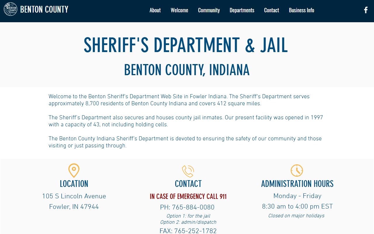 Benton County Sheriff Department homepage with jail and booking contact information for Benton County 24 hour booking