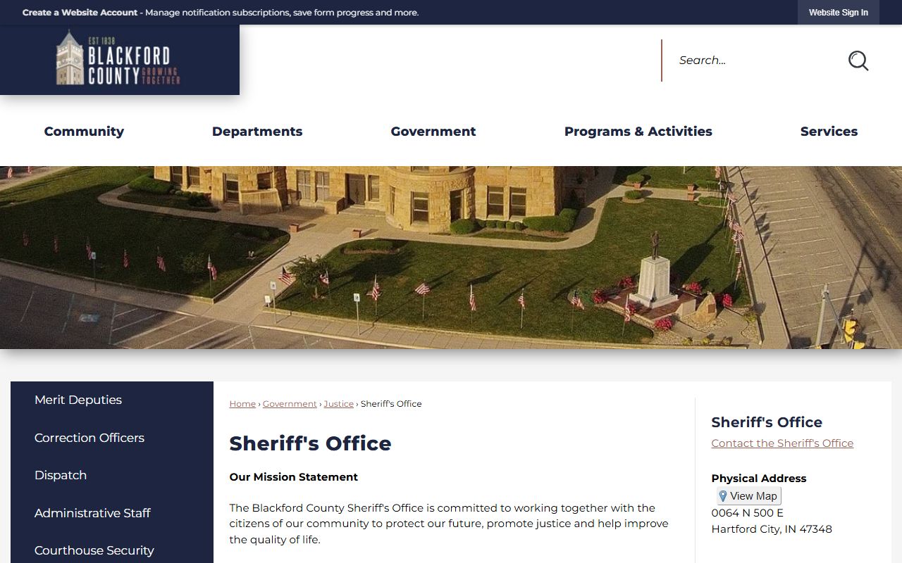 Blackford County Sheriff Office homepage with contact information for Blackford County 24 hour booking records