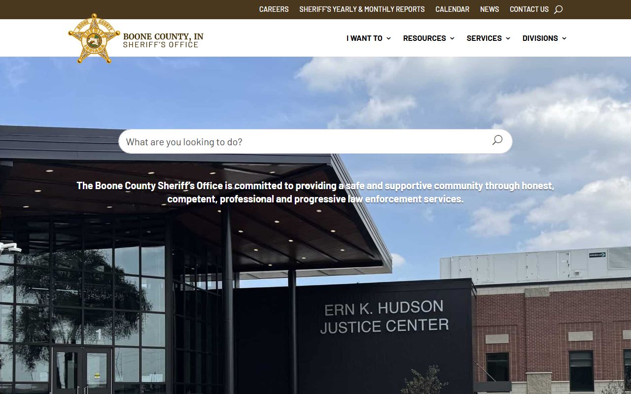Boone County Sheriff homepage showing inmate search and corrections information for Boone County 24 hour booking