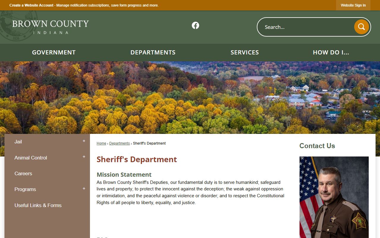 Brown County Sheriff Department homepage with contact and booking information for Brown County 24 hour booking