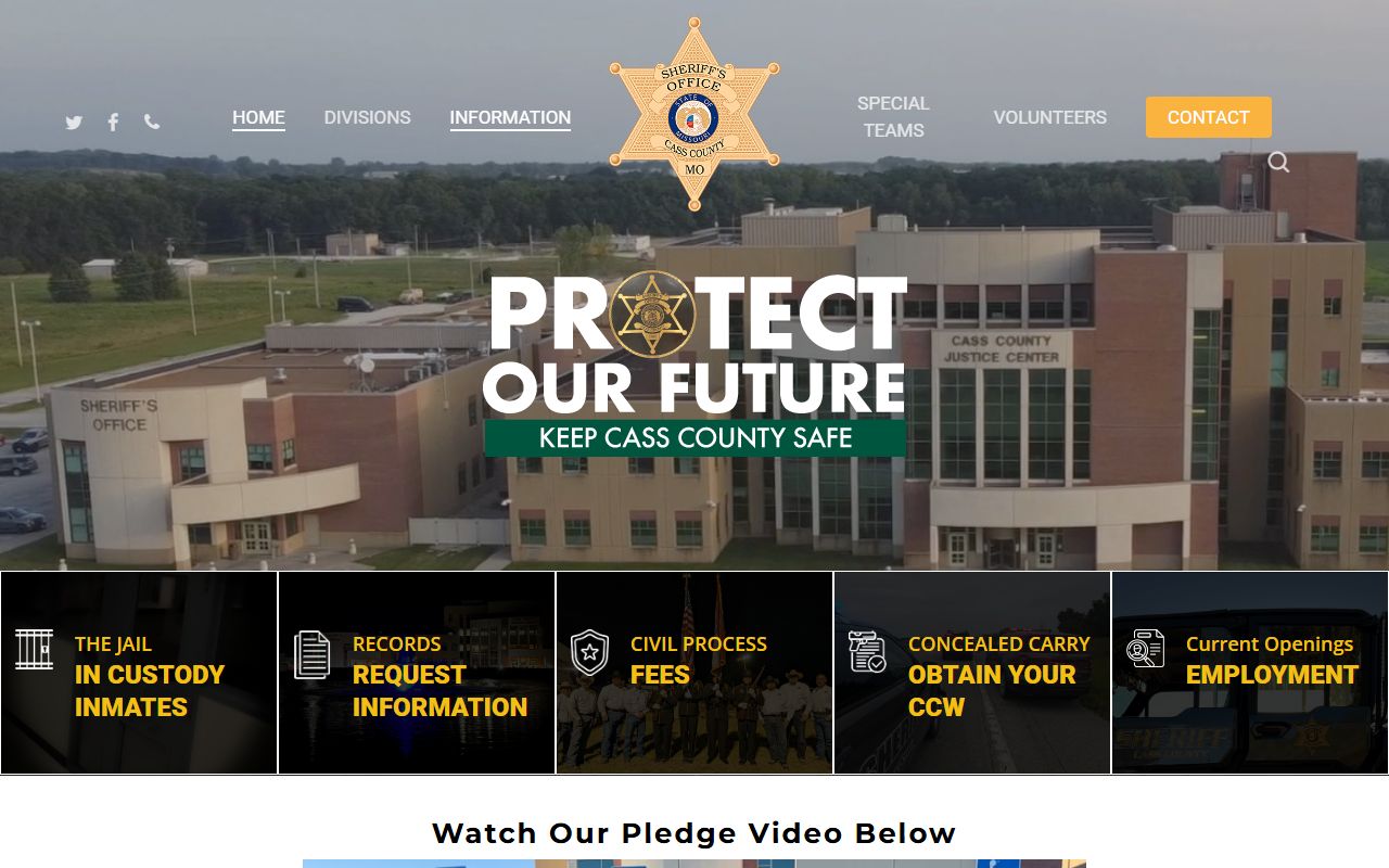Cass County Sheriff website homepage showing inmate search and booking records for Cass County 24 hour booking