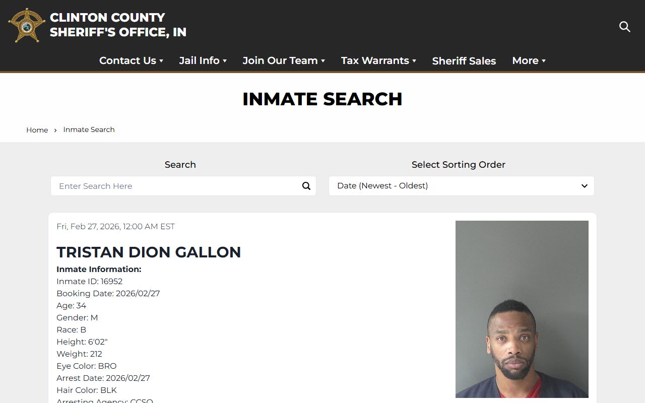 Clinton County Sheriff inmate search database for looking up Clinton County 24 hour booking records