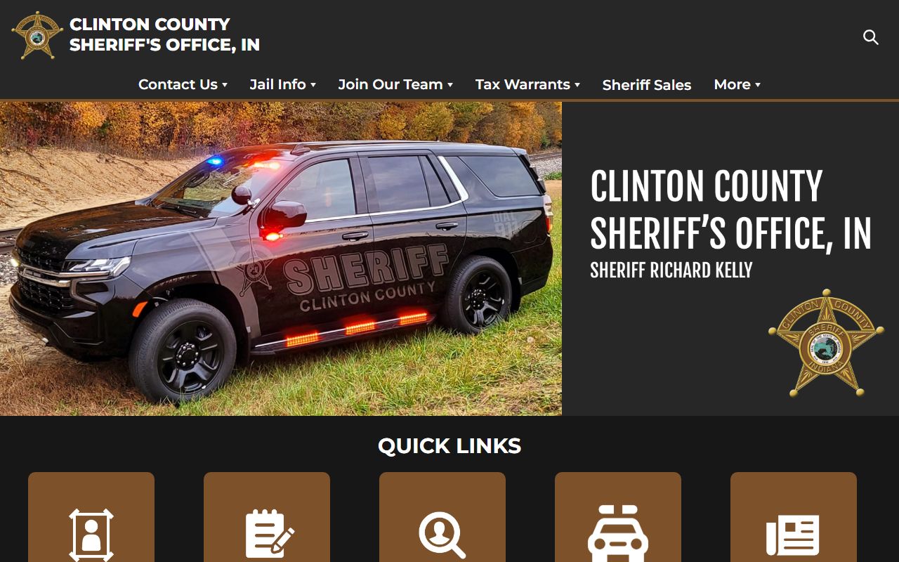 Clinton County Sheriff homepage with inmate search access and contact details for Clinton County 24 hour booking