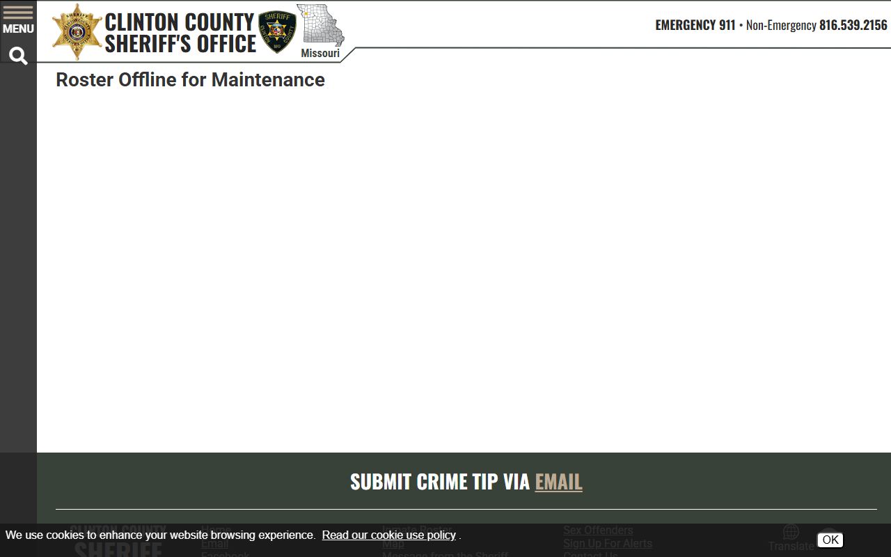 Clinton County Sheriff jail roster page showing current inmates for Clinton County 24 hour booking