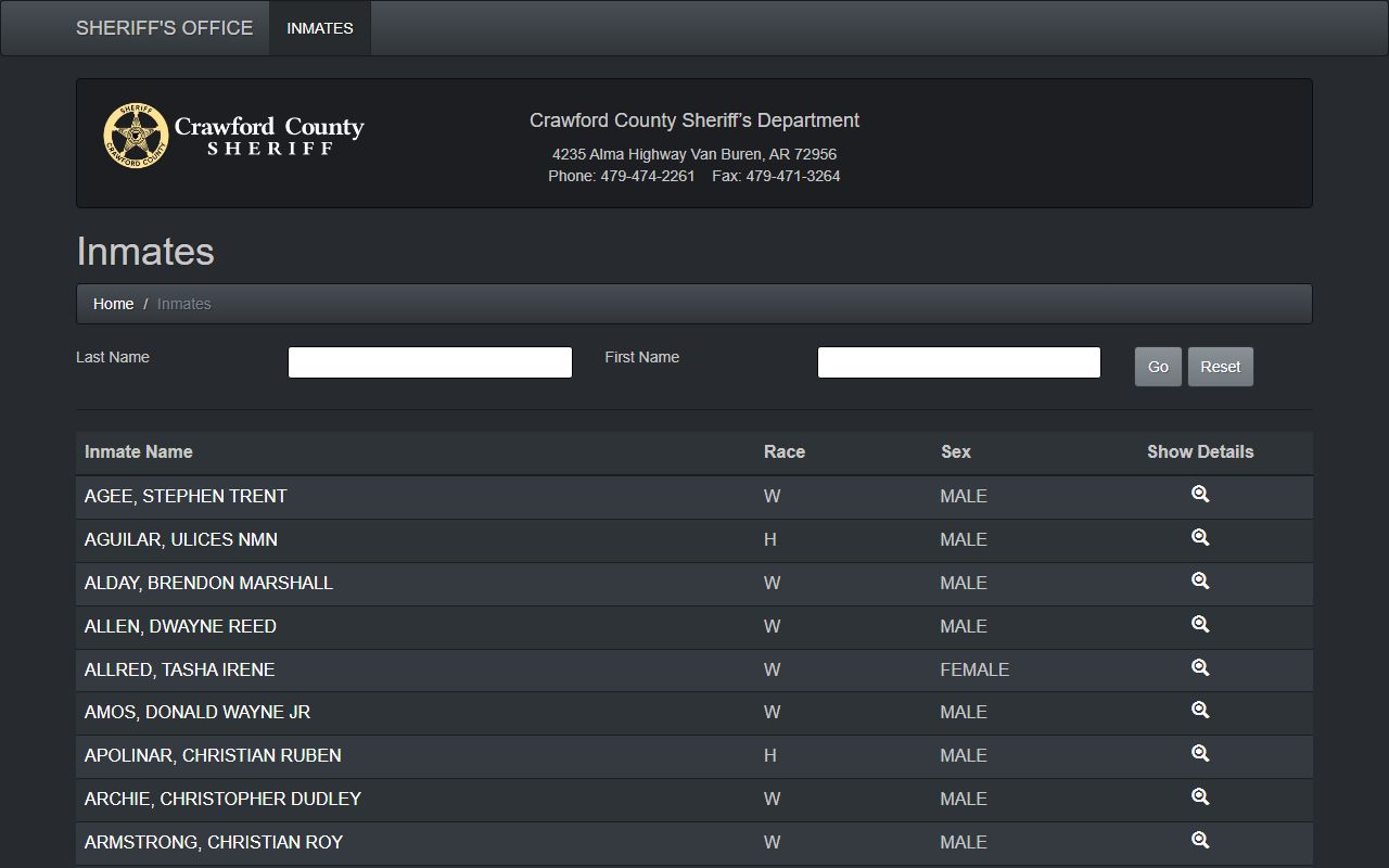 Crawford County Sheriff inmate database portal for searching Crawford County 24 hour booking records