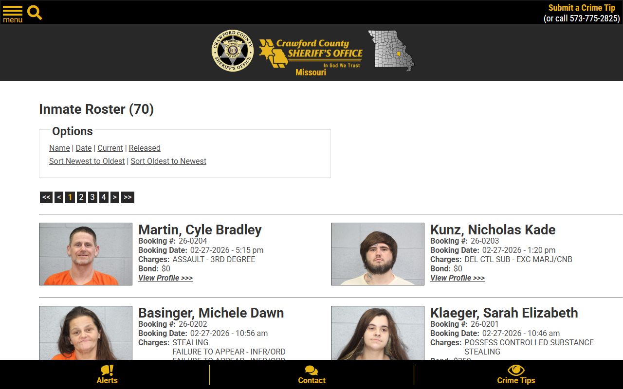 Crawford County Sheriff jail roster page showing current inmates for Crawford County 24 hour booking