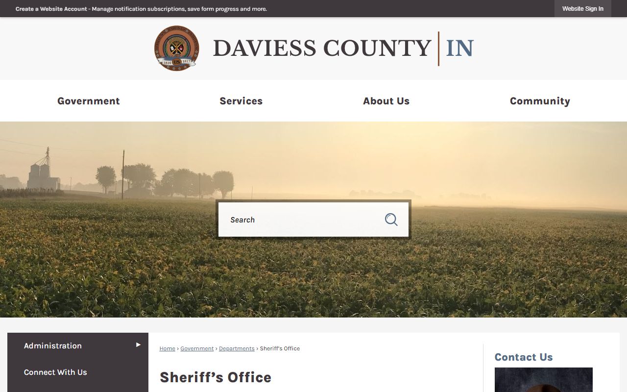 Daviess County Sheriff Office homepage showing contact details and resources for Daviess County 24 hour booking