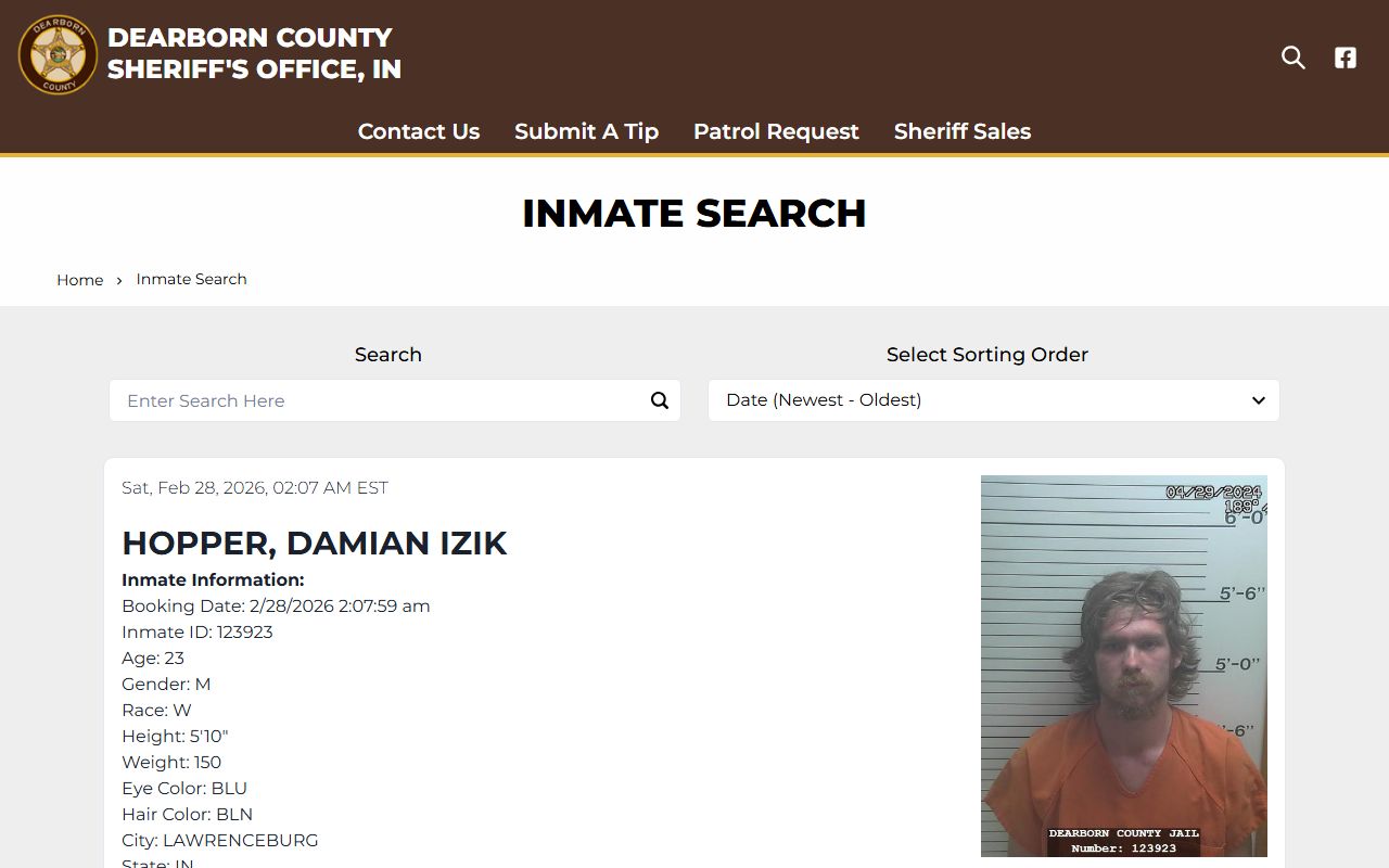 Dearborn County Sheriff inmate search database results showing 24 hour booking records