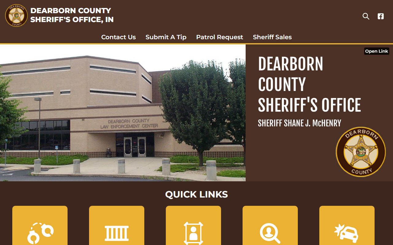 Dearborn County Sheriff Office homepage with inmate search link for Dearborn County 24 hour booking