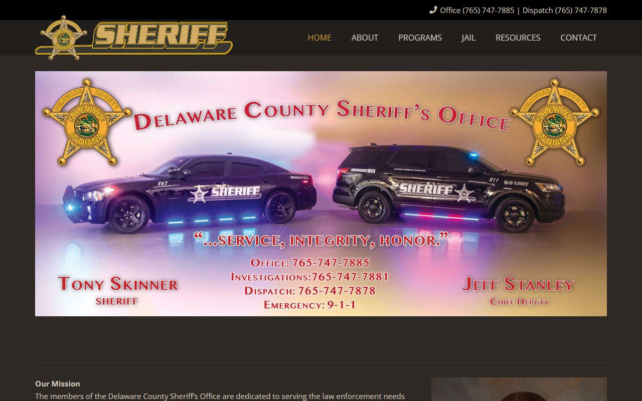 Delaware County Sheriff Office homepage showing inmate lookup and department resources for Delaware County 24 hour booking