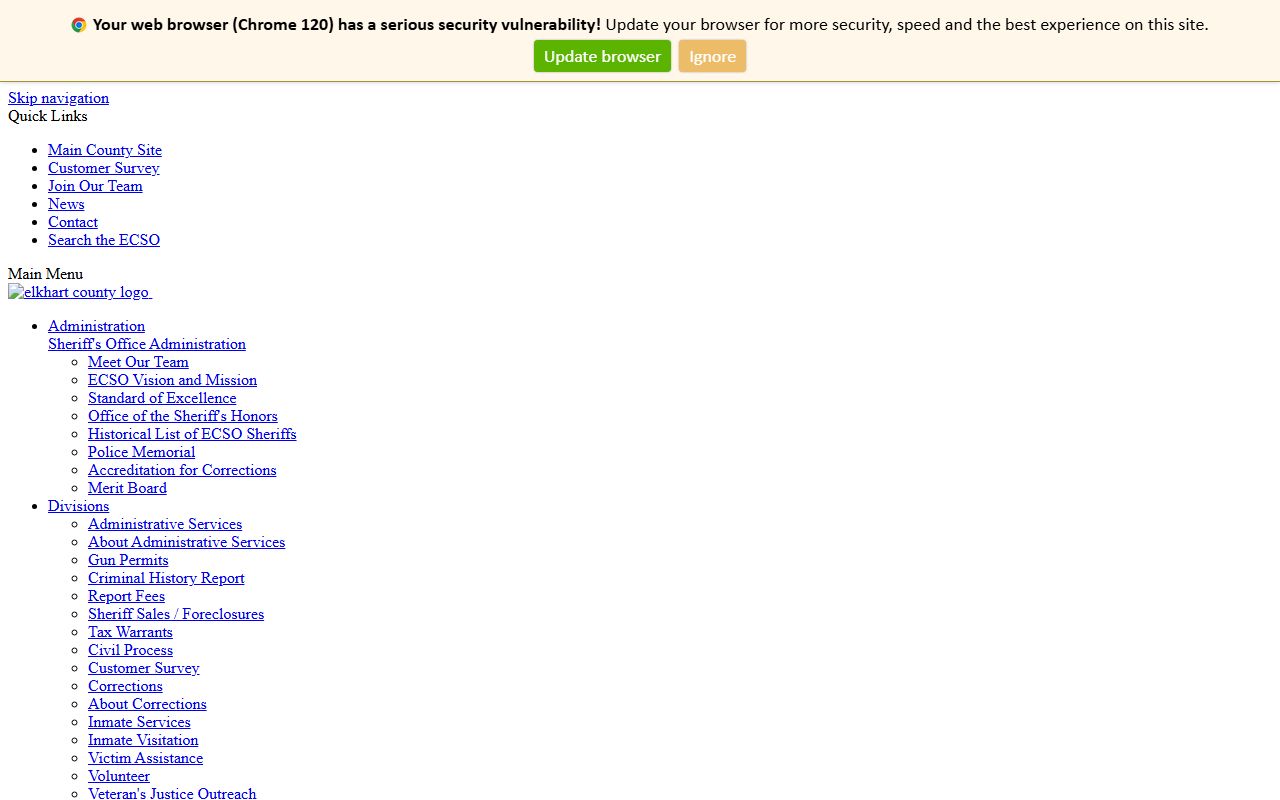 Elkhart County Sheriff Office homepage showing inmate services and booking resources for Elkhart County 24 hour booking