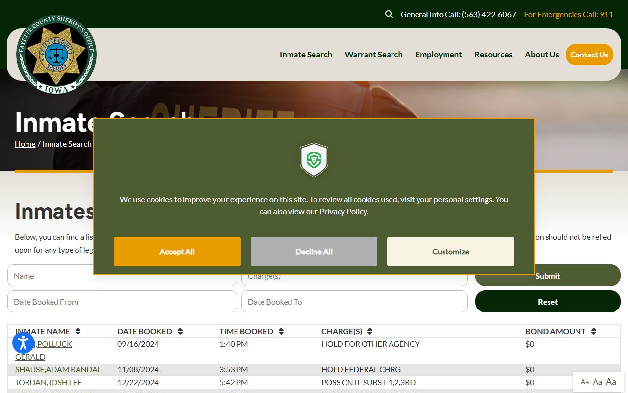 Fayette County Sheriff inmate search database showing current 24 hour booking records for Fayette County