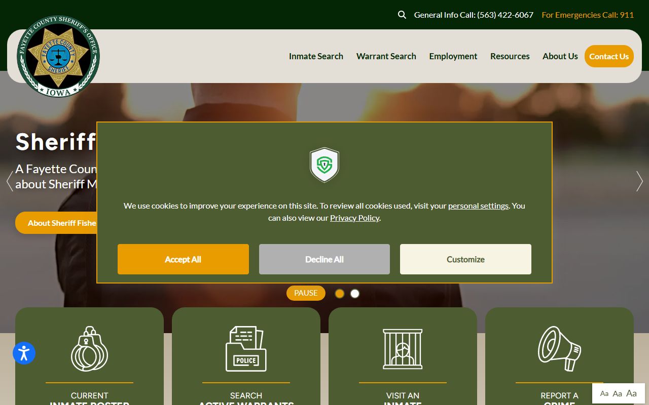 Fayette County Sheriff Office homepage showing inmate search and contact resources for Fayette County 24 hour booking
