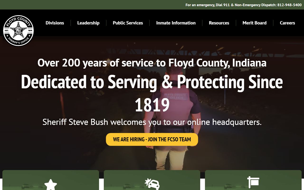 Floyd County Sheriff Department FCSDIN homepage showing inmate information link for Floyd County 24 hour booking