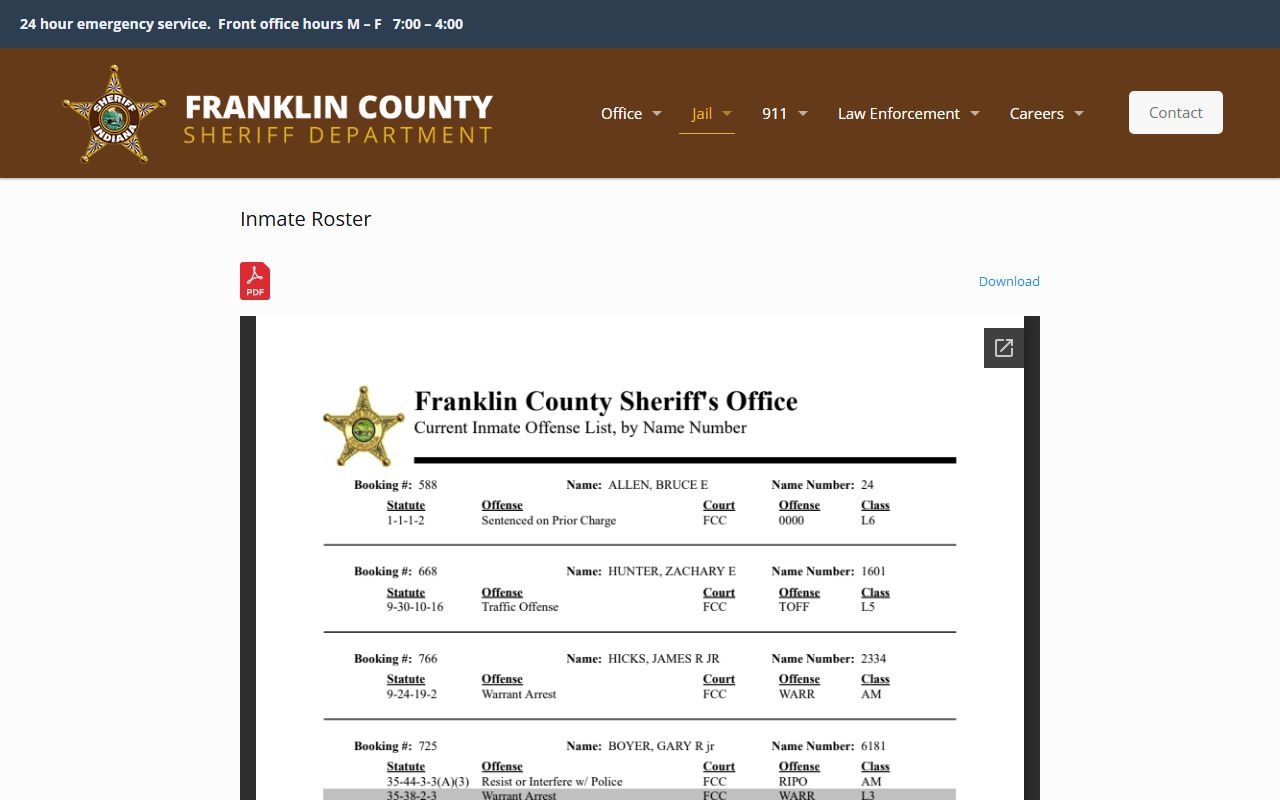 Franklin County Sheriff inmate roster showing current 24 hour booking records for Franklin County Indiana