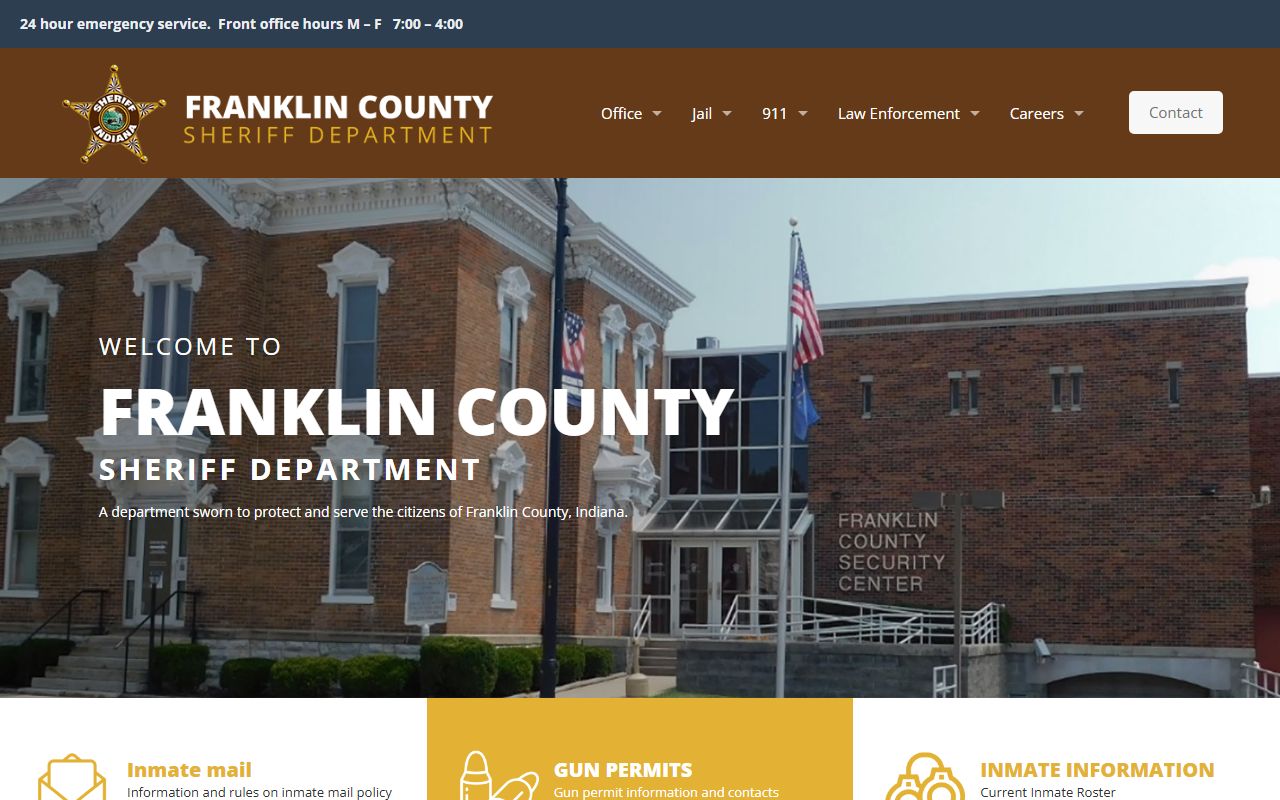 Franklin County Sheriff Office homepage showing inmate roster link and contact details for Franklin County 24 hour booking