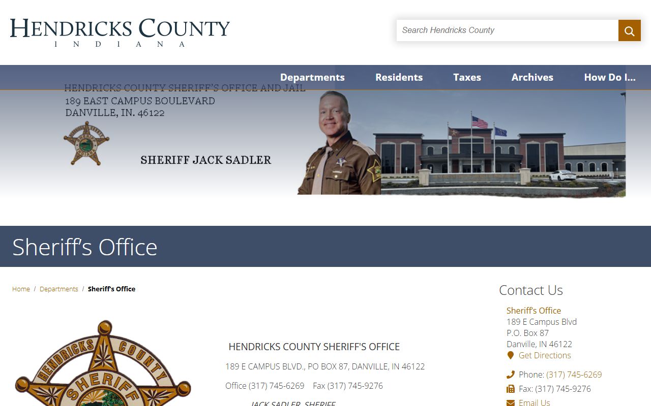 Hendricks County Sheriff homepage for 24 hour booking and jail information