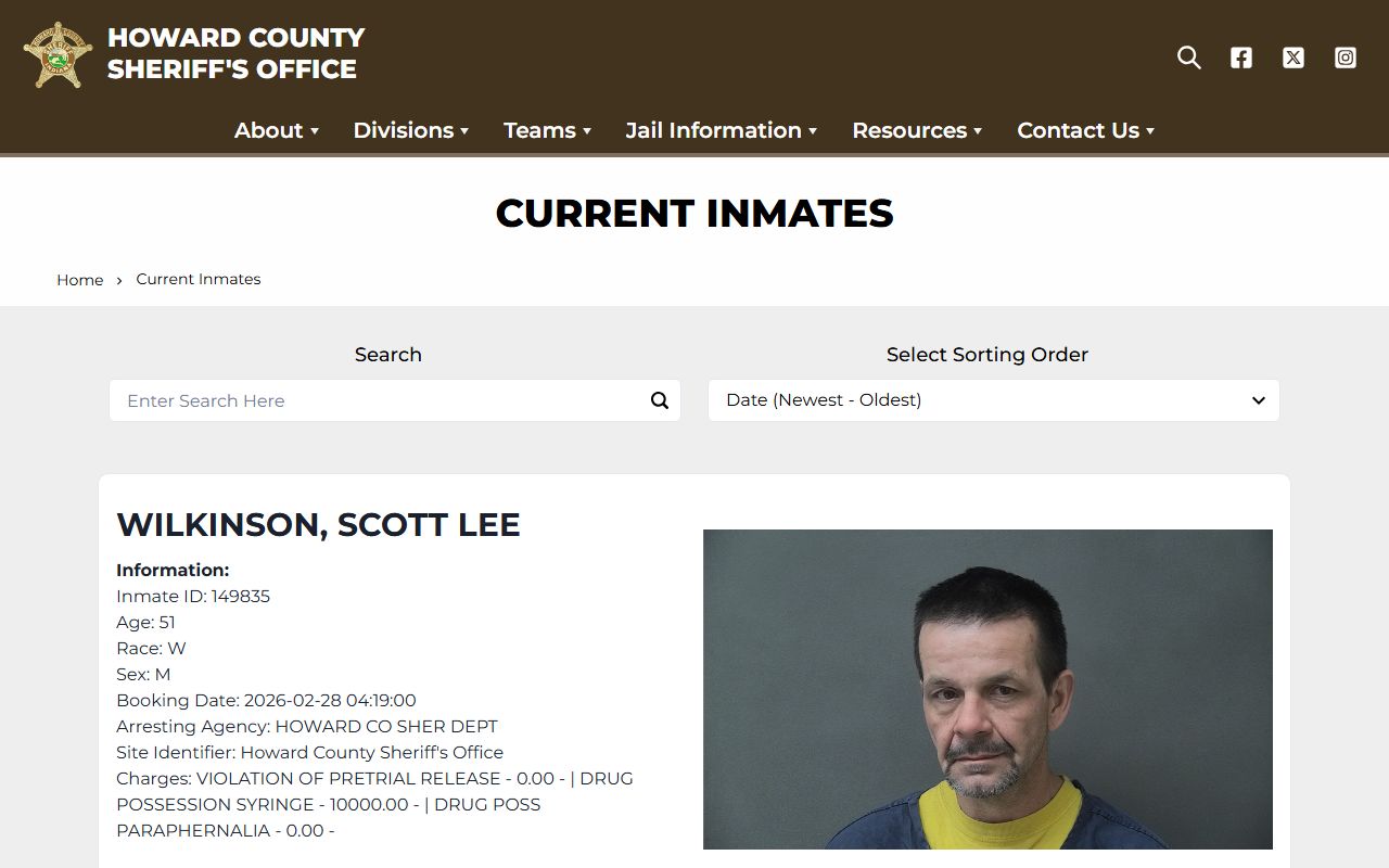 Howard County JailTracker inmate search database for 24 hour booking records