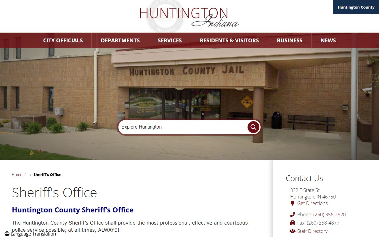 Huntington County Sheriff homepage for 24 hour booking and inmate information