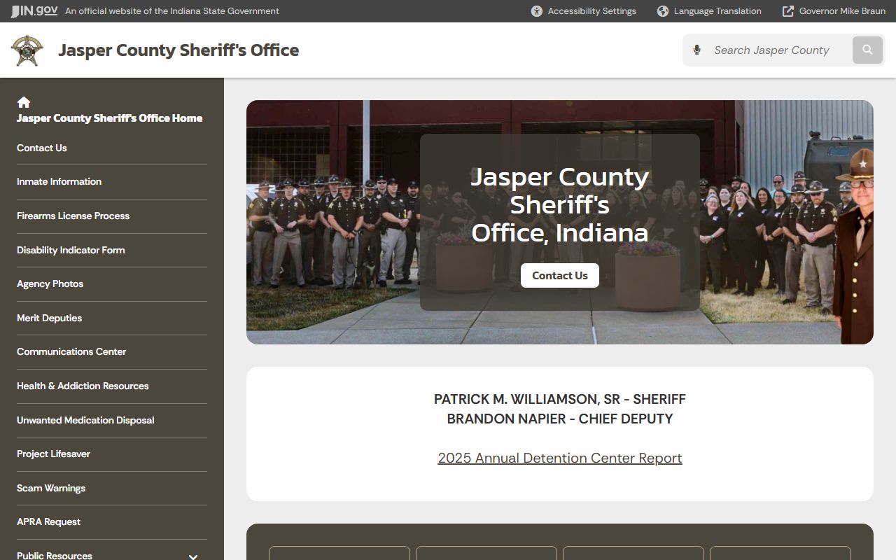Jasper County Sheriff Office homepage showing contact information and links to 24 hour booking records