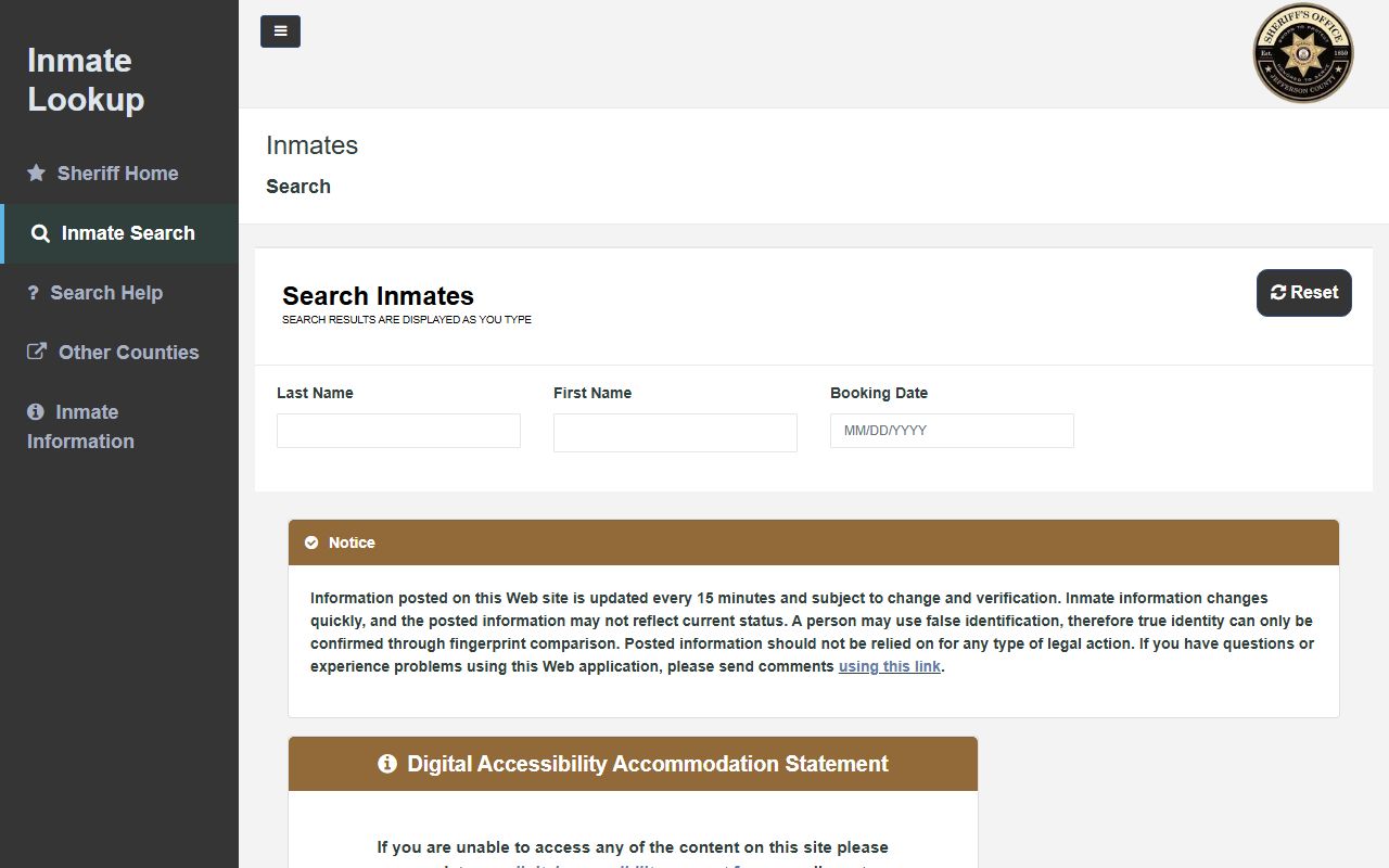 Jefferson County Indiana inmate lookup database showing 24 hour booking records for the county jail in Madison