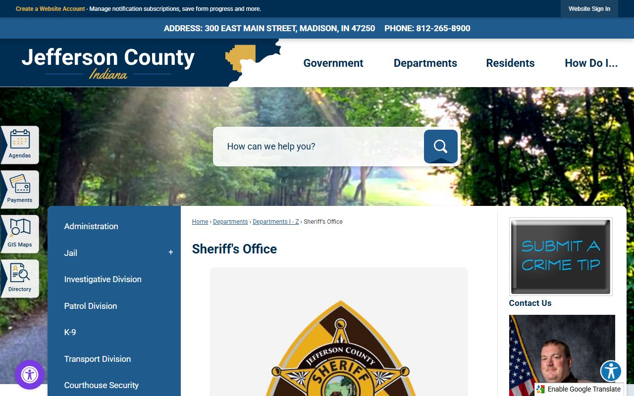 Jefferson County Indiana Sheriff's Office homepage for 24 hour booking and inmate records in Madison