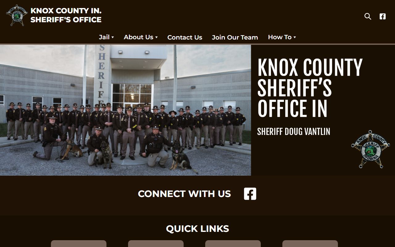 Knox County Indiana Sheriff's Office homepage showing contact details for Knox County 24 hour booking records