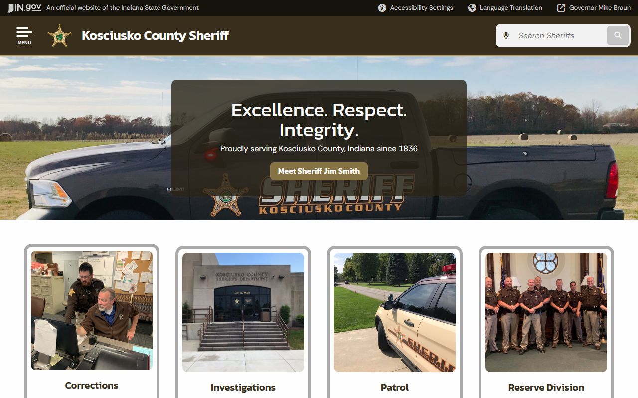 Kosciusko County Sheriff's Office homepage for Kosciusko County 24 hour booking records
