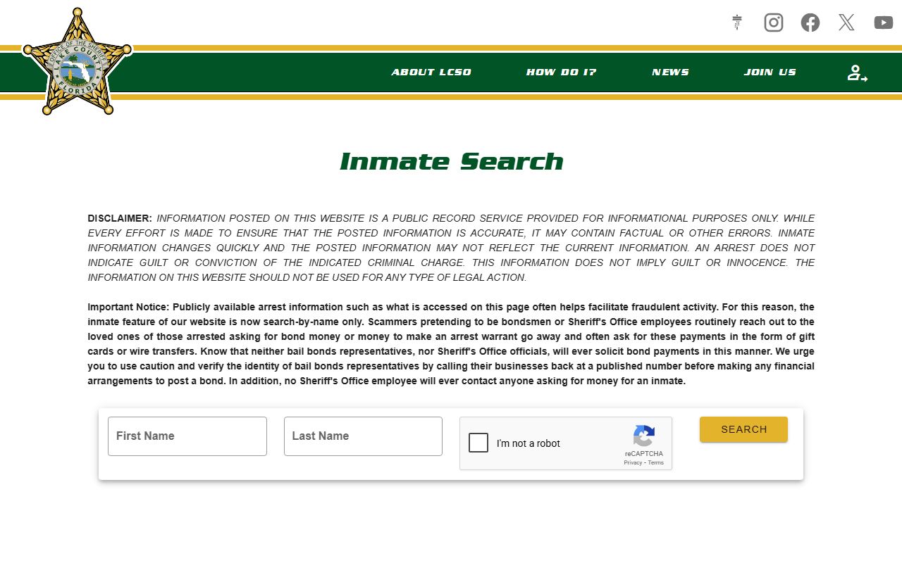 Lake County Sheriff inmate search database for Lake County 24 hour booking lookups