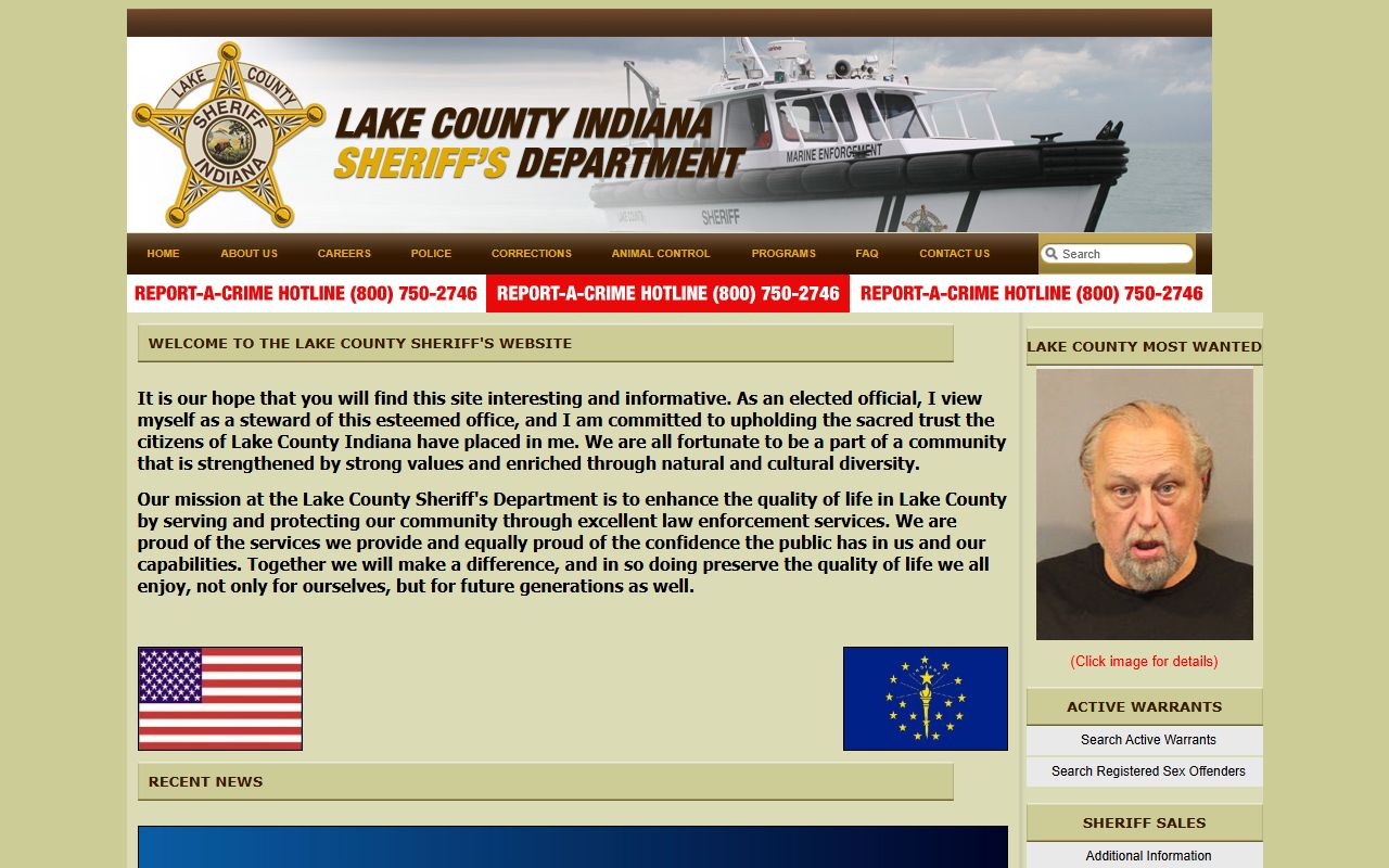 Lake County Sheriff's Office homepage showing contact details for Lake County 24 hour booking