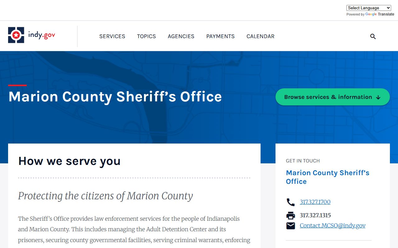 Marion County Sheriff's Office homepage on Indy.gov for Marion County 24 hour booking records