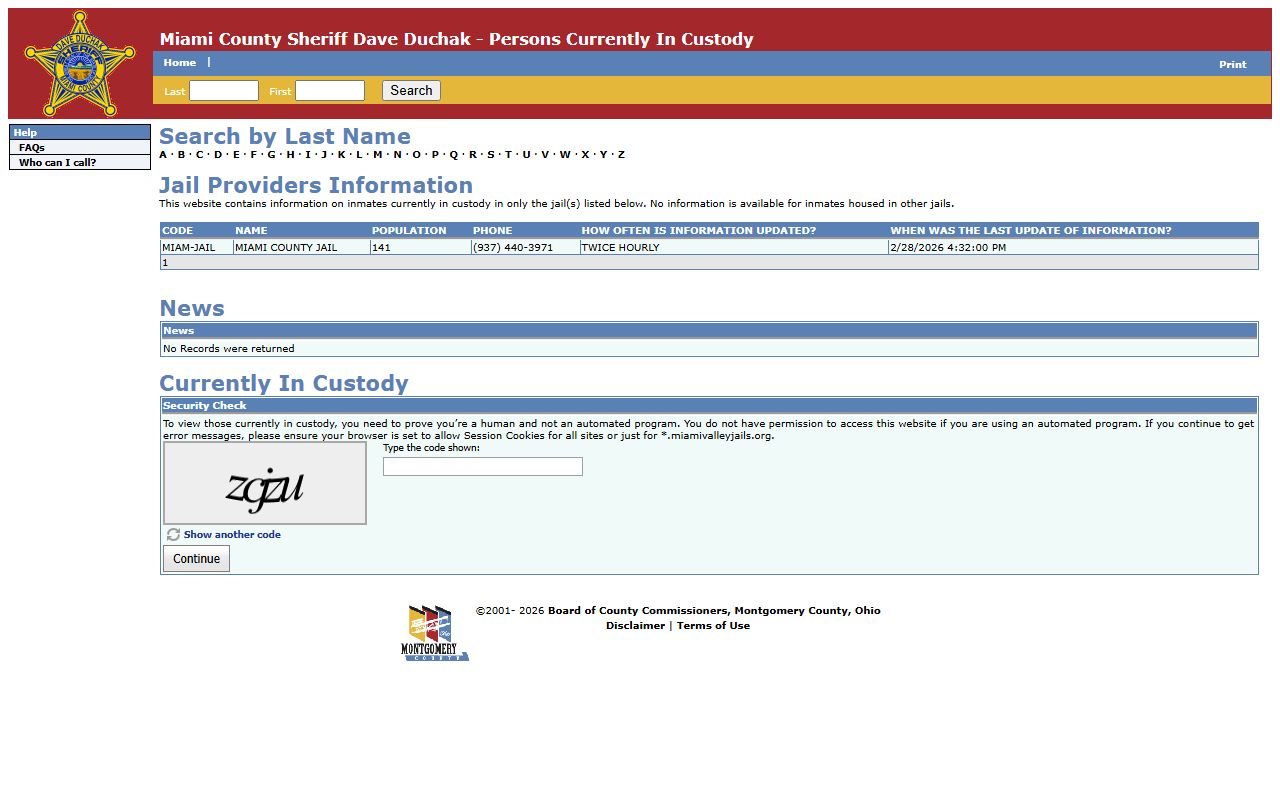 Miami Valley Jails inmate search portal for Miami County 24 hour booking records