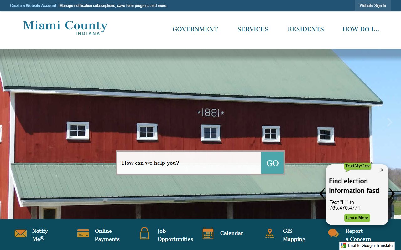 Miami County government homepage with sheriff's office information for Miami County 24 hour booking