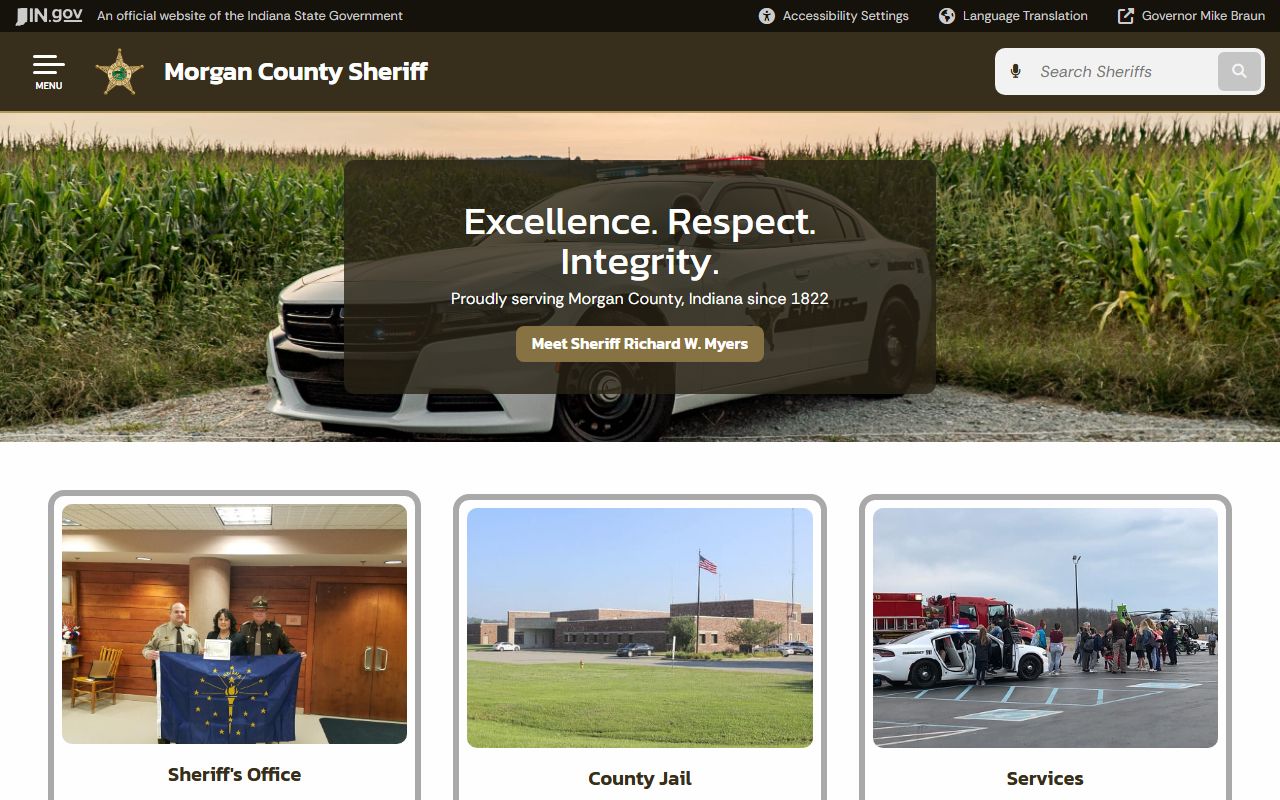 Morgan County Sheriff's Office homepage showing contact information and resources for Morgan County 24 hour booking