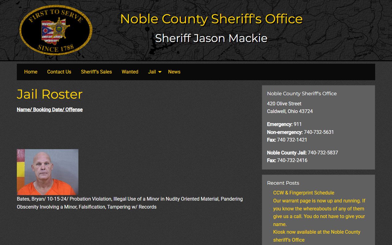 Noble County Sheriff jail roster database for searching Noble County 24 hour booking and inmate records