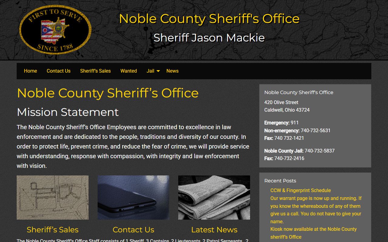 Noble County Sheriff's Office homepage showing resources and links for Noble County 24 hour booking records