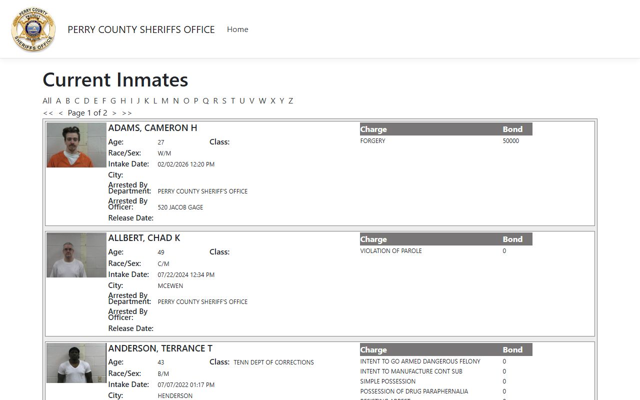 Perry County Sheriff inmate search database for Perry County 24 hour booking and jail roster records