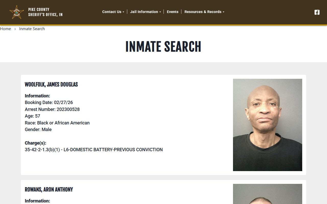 Pike County Sheriff inmate search database showing booking details for Pike County 24 hour booking records