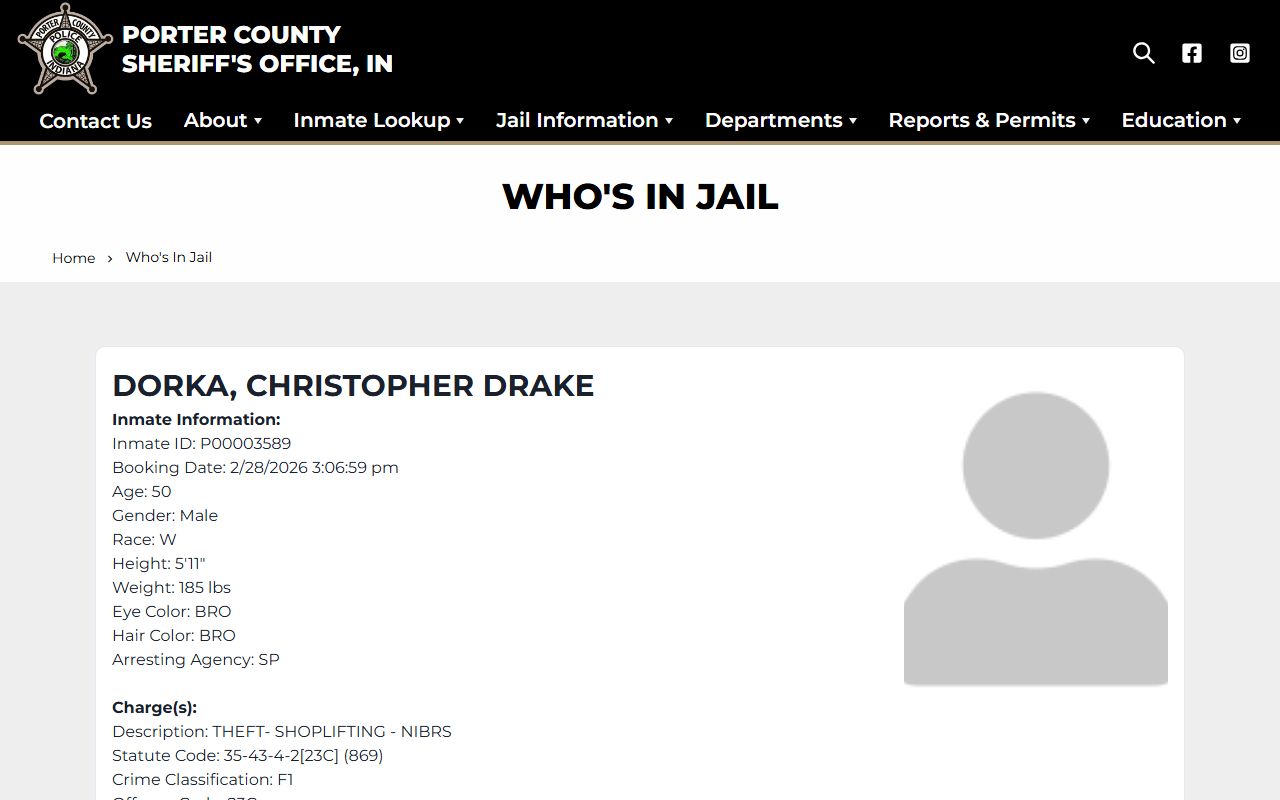 Porter County Sheriff Who's In Jail database for searching current inmates and Porter County 24 hour booking records
